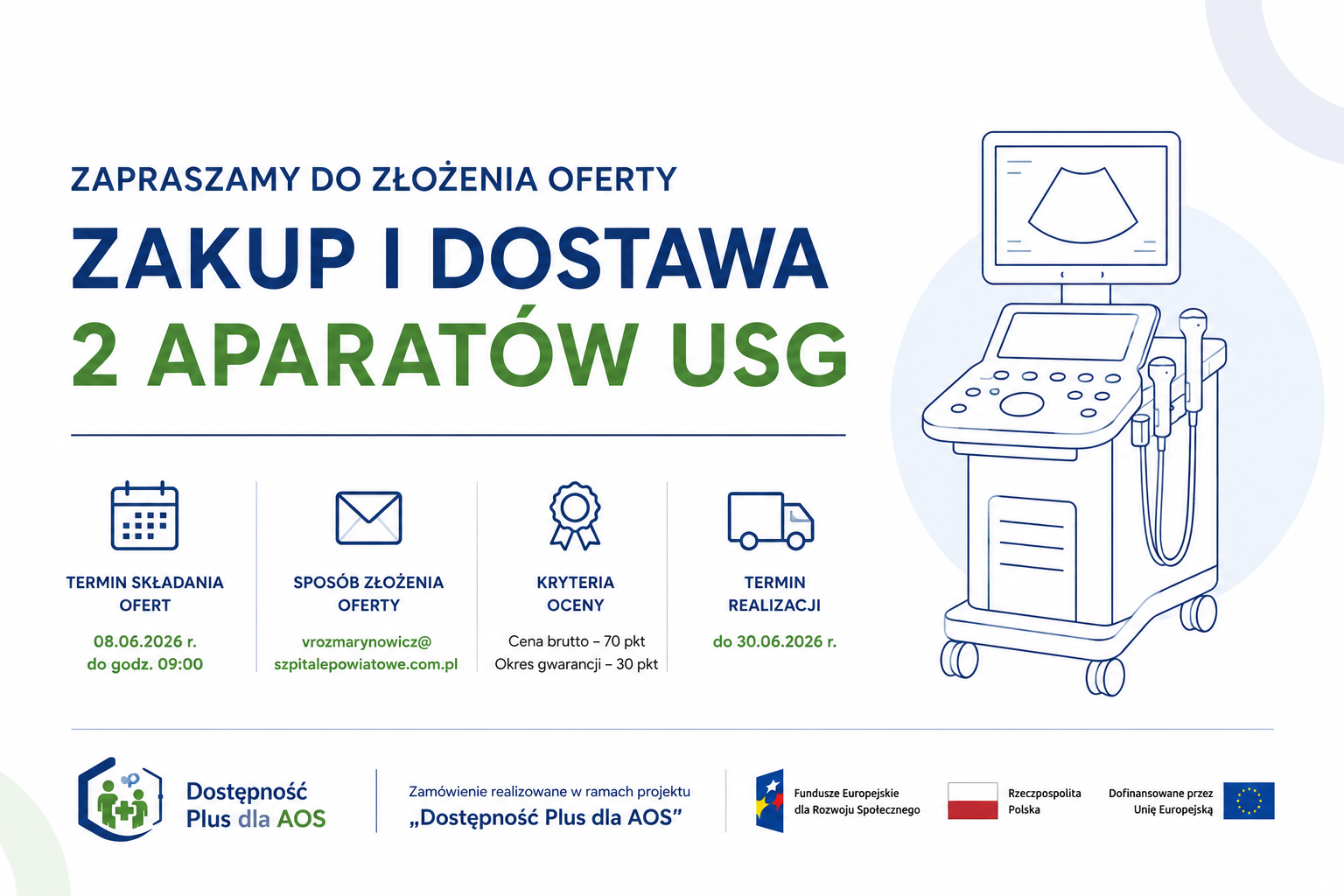 📢 Zapraszamy do składania ofert na zakup i dostawę 2 fabrycznie nowych aparatów USG