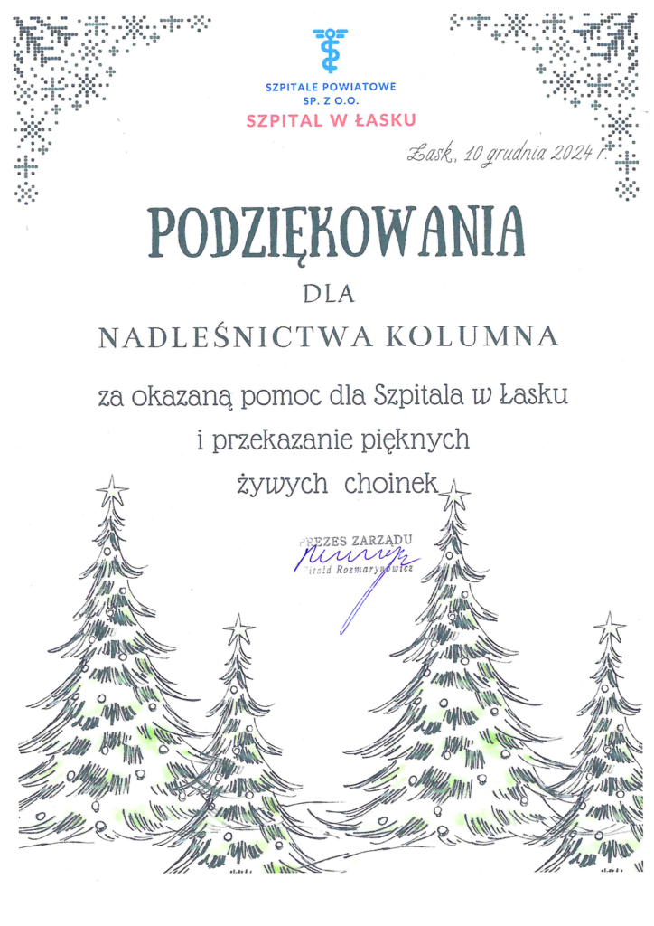 Podziękowania dla Nadleśnictwa Kolumna