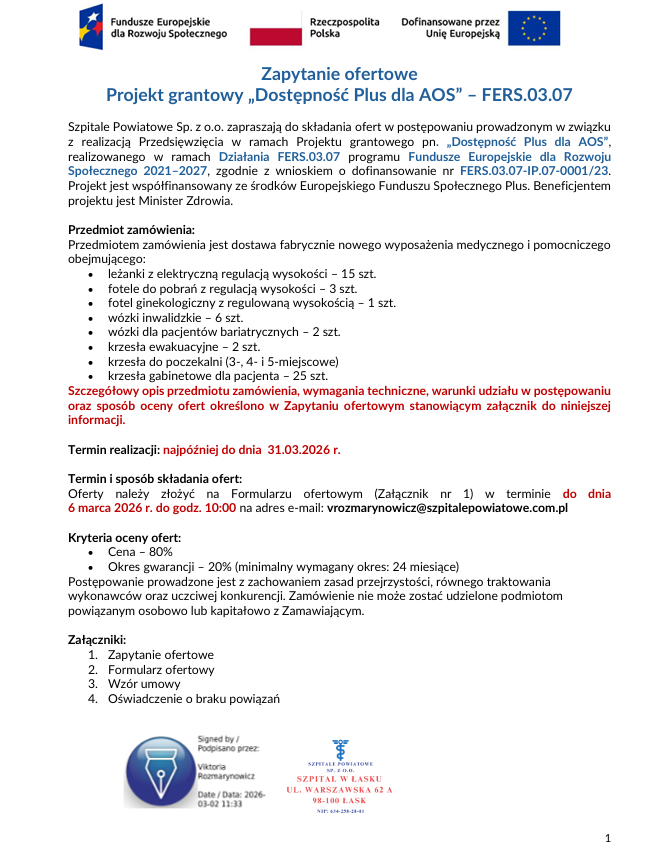 Zapytanie ofertowe – projekt grantowy „Dostępność Plus dla AOS” – FERS.03.07